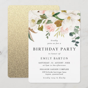 Elegant Blush White Floral All Year Birthday Party Invitation