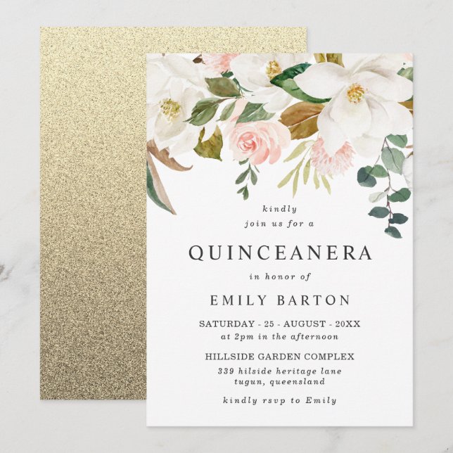 Elegant Blush White Floral Quinceanera 15th Party Invitation (Front/Back)