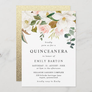 Elegant Blush White Floral Quinceanera 15th Party Invitation