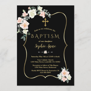 Elegant Blush White Flowers Gold Black Baptism Invitation