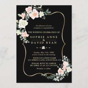 Elegant Blush White Flowers Gold Black Wedding Invitation