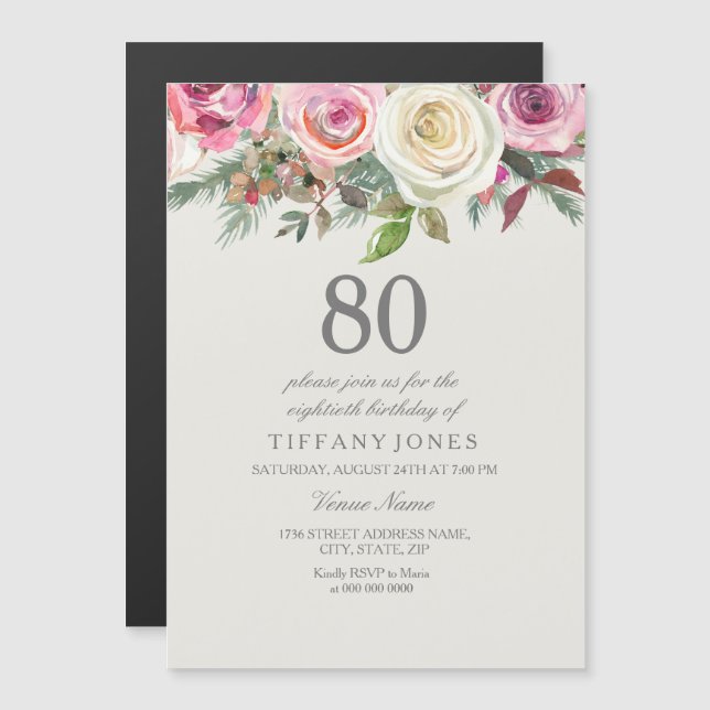Elegant Blush & White Roses 80th Birthday Party Magnetic Invitation (Front/Back)