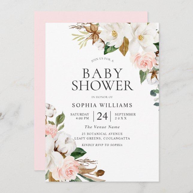 Elegant Blush White Watercolor Flowers Baby Shower Invitation (Front/Back)