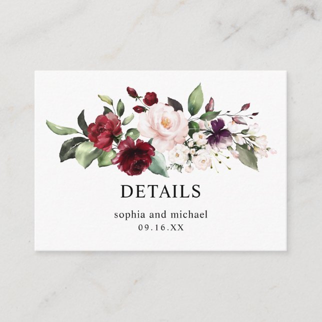 Elegant Blush Wine Floral Wedding Details Enclosur Enclosure Card (Front)