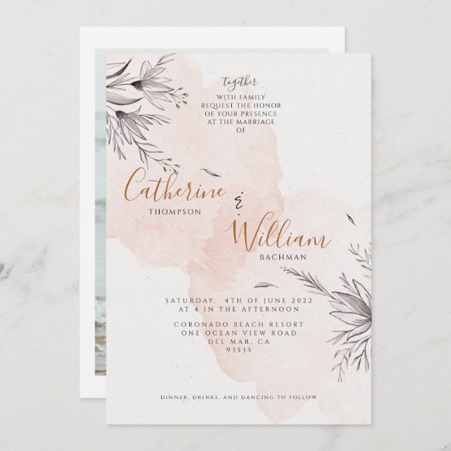 Elegant Blushing Peach Floral Photo Wedding Invitation (Front/Back)