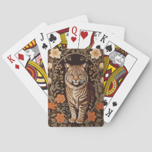 Elegant Bobcat on Brown Floral Background Playing Cards