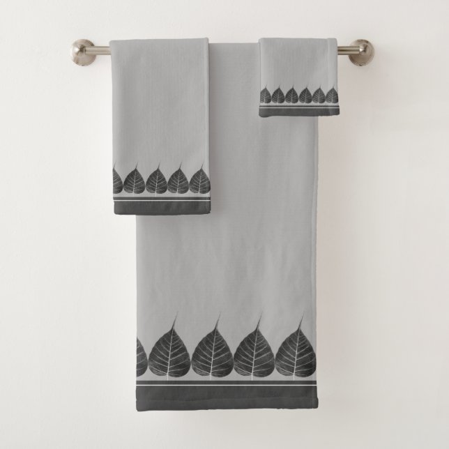 Elegant Bodhi Leaves on Light Silver Grey Bath Towel Set (Insitu)