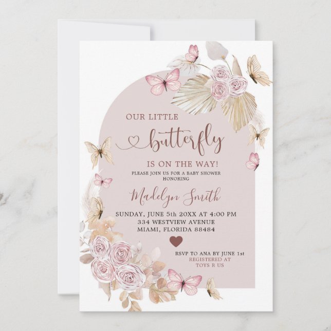 Elegant Bohemian Blush and Butterfly Baby Shower Invitation (Front)