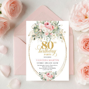 Elegant Bohemian Blush Roses 80th Birthday Invite