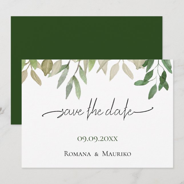 Elegant Bohemian Deep Green Wedding Save The Date (Front/Back)