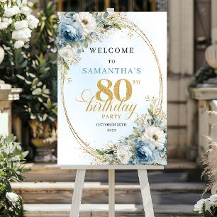 Elegant Bohemian dusty blue floral 80th birthday Poster