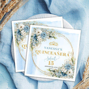 Elegant Bohemian Dusty Blue Floral Gold Glitter Napkin