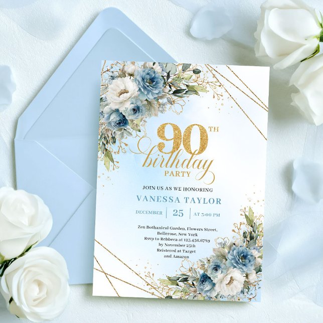 Elegant Bohemian Dusty Blue White Floral 90th Bday Invitation (Elegant Bohemian Dusty Blue White Floral 90th Birthday)