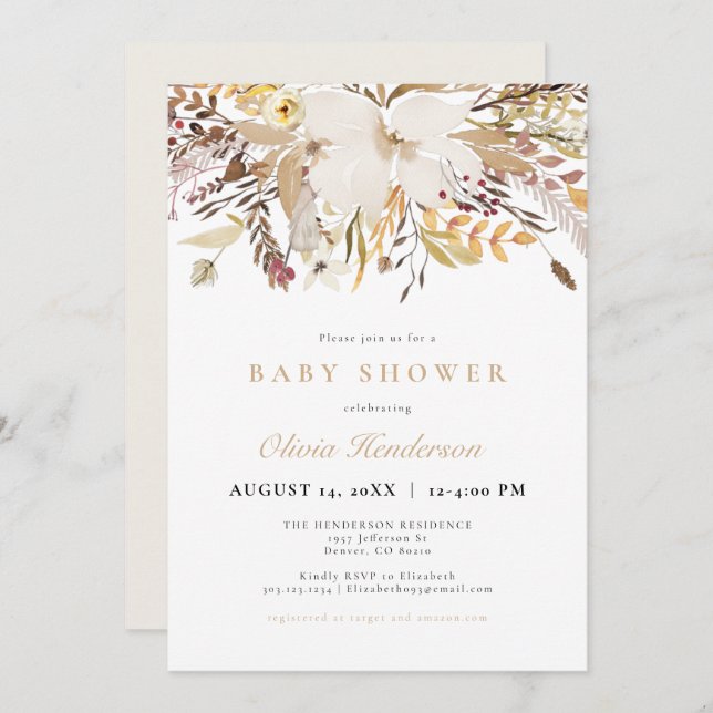 Elegant Bohemian Fall Floral Baby Shower Invitation (Front/Back)