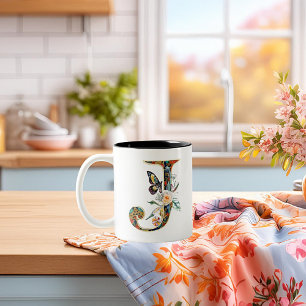 Elegant bohemian floral letter J Two-Tone Coffee Mug