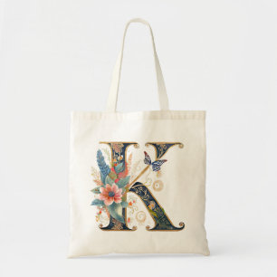 Elegant bohemian floral letter K Tote Bag