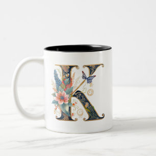 Elegant bohemian floral letter K Two-Tone Coffee Mug