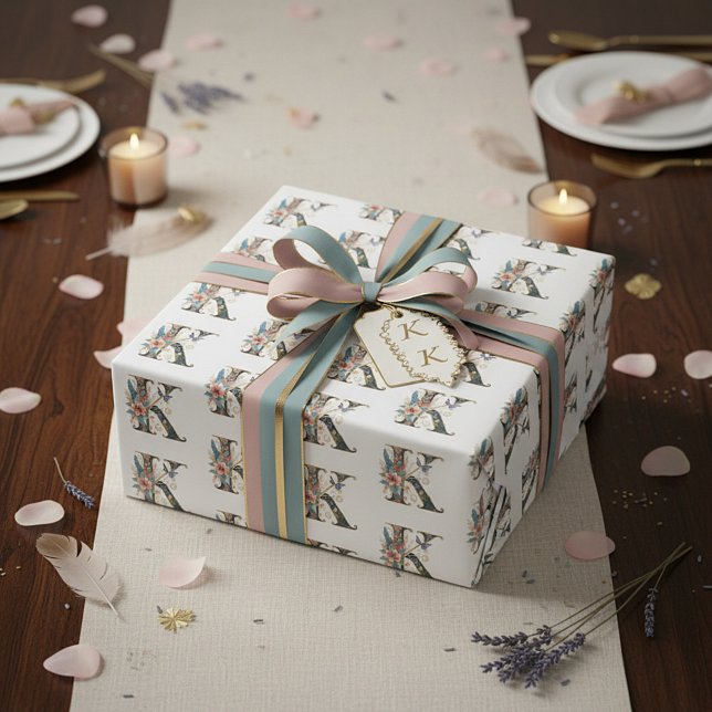 Elegant bohemian floral letter K Wrapping Paper (Creator Uploaded)