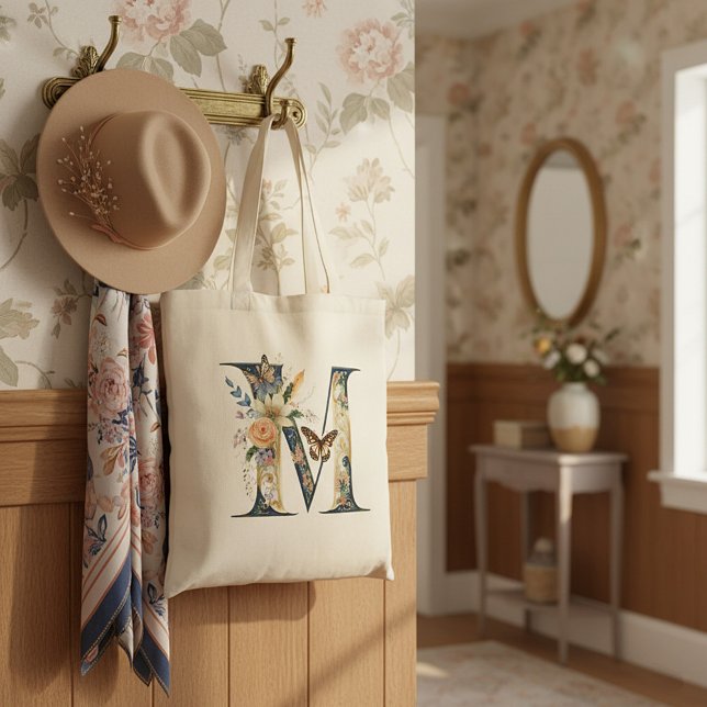 Elegant bohemian floral letter M Tote Bag (Creator Uploaded)