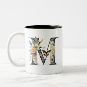 Elegant bohemian floral letter M Two-Tone Coffee Mug