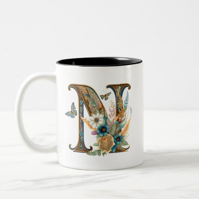 Elegant bohemian floral letter N Two-Tone Coffee Mug (Left)