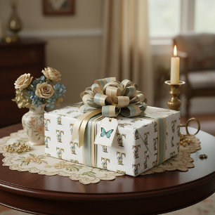 Elegant bohemian floral letter T Wrapping Paper