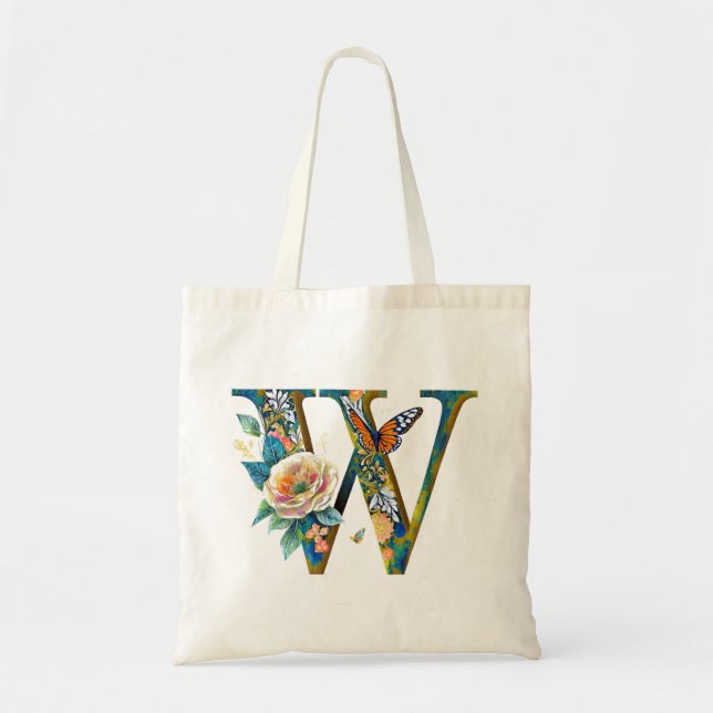 Elegant bohemian floral letter W Tote Bag (Front)