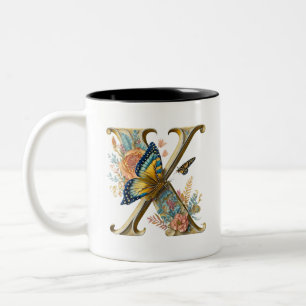 Elegant bohemian floral letter X Two-Tone Coffee Mug