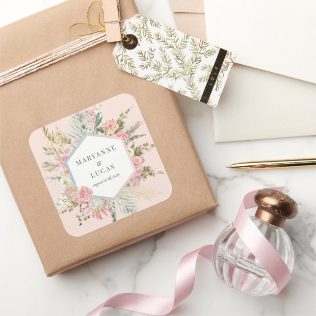 Elegant Bohemian Floral Monogram Square Sticker (Gifting)