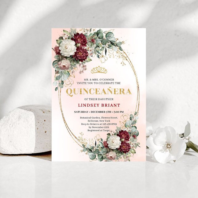 Elegant Bohemian Marsala Flowers Gold Quince Invitation (Elegant Bohemian Marsala Flowers Gold Quince Invitation)
