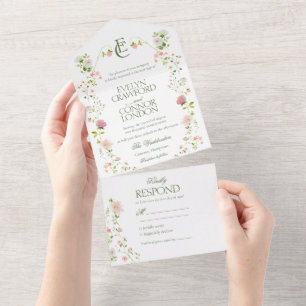 Elegant Bohemian Monogram Floral Wedding All In One Invitation