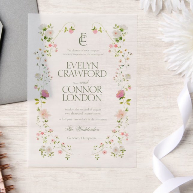 Elegant Bohemian Monogram Floral Wedding Vellum Invitations (Creator Uploaded)