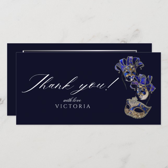 Elegant Bohemian Navy Silver Masquerade Thank You Card (Front/Back)