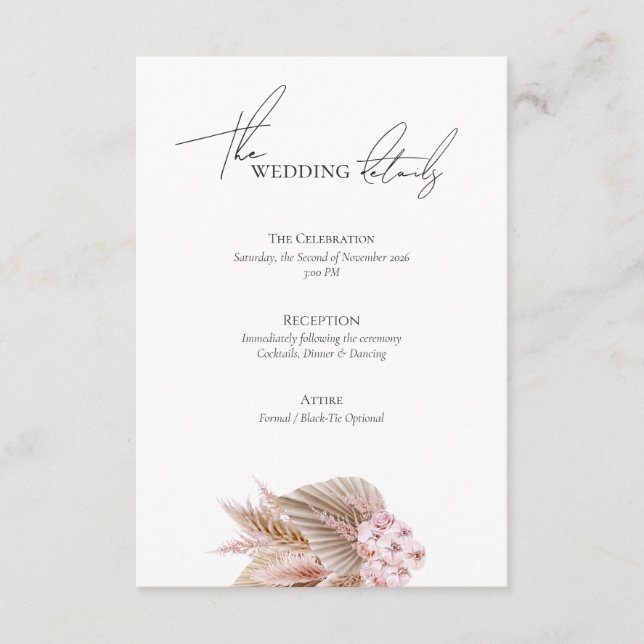 Elegant Bohemian Pampas Grass Wedding Website Enclosure Card (Front)