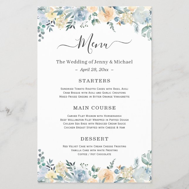 Elegant Bohemian Vanilla Blue Floral Wedding Menu (Front)