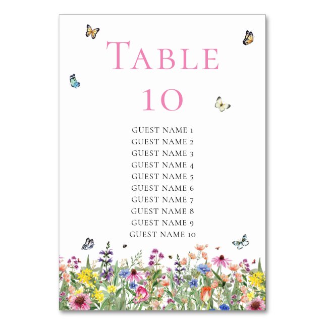 Elegant Bohemian Wildflowers Wedding Guest Names Table Number (Front)