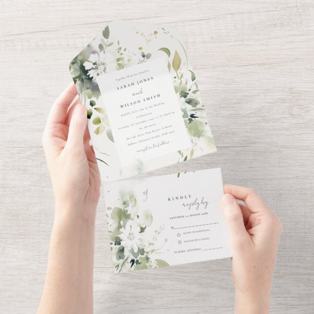 Elegant Boho Abstract Green White Floral Wedding All In One Invitation (Tearaway)