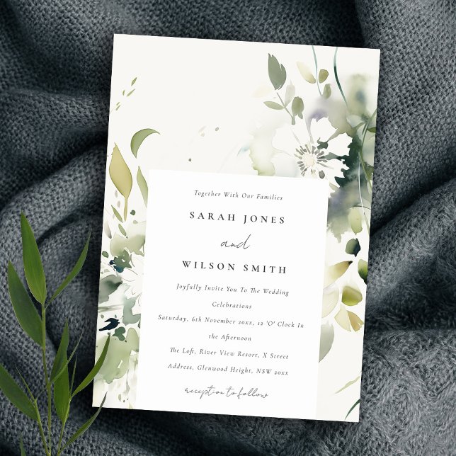 Elegant Boho Abstract Green White Floral Wedding Invitation (Creator Uploaded)