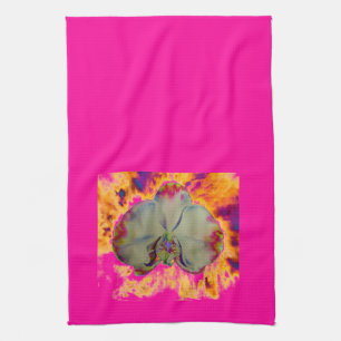 Elegant boho abstract watercolor orchid painting tea towel