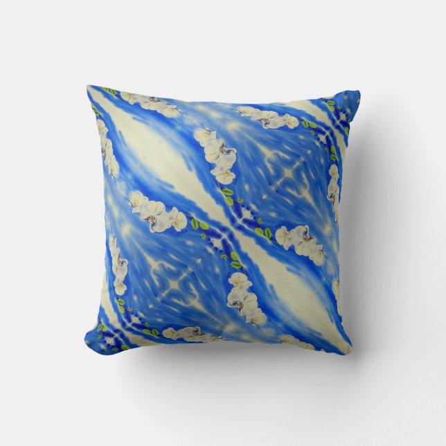 Elegant boho abstract white blue floral  cushion (Front)