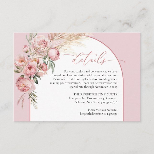 Elegant boho arch blush peonies pampas details enclosure card (Front)