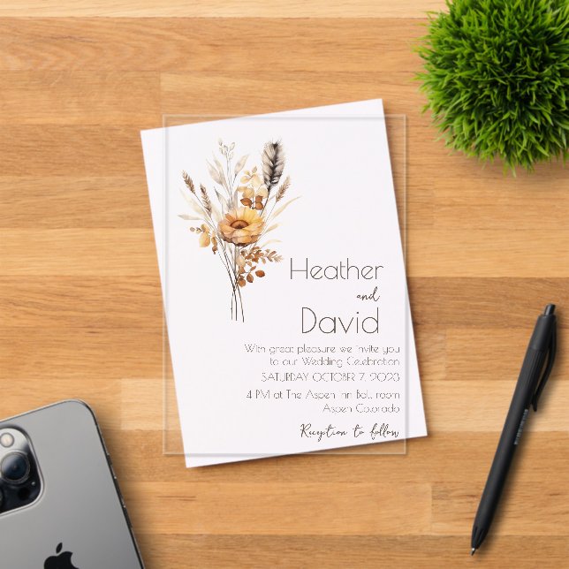 Elegant boho autumn wildflowers Wedding Acrylic Invitations (Insitu (Invitation Card))