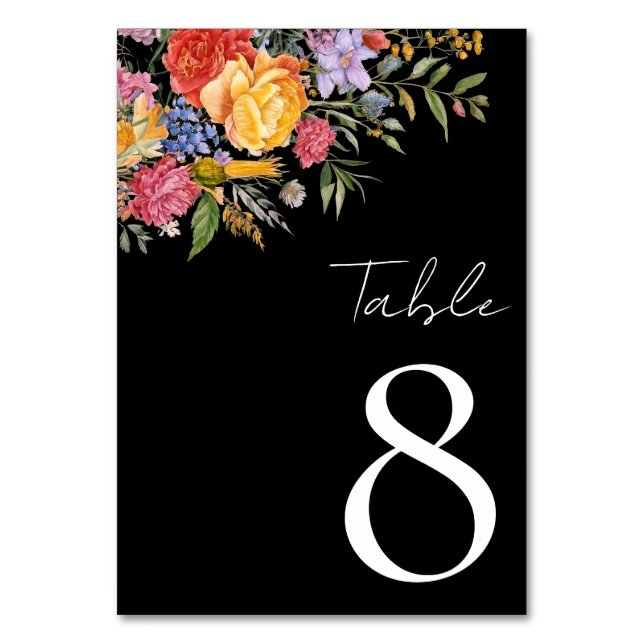 Elegant Boho Black Dutch Floral Wedding Table Number (Front)