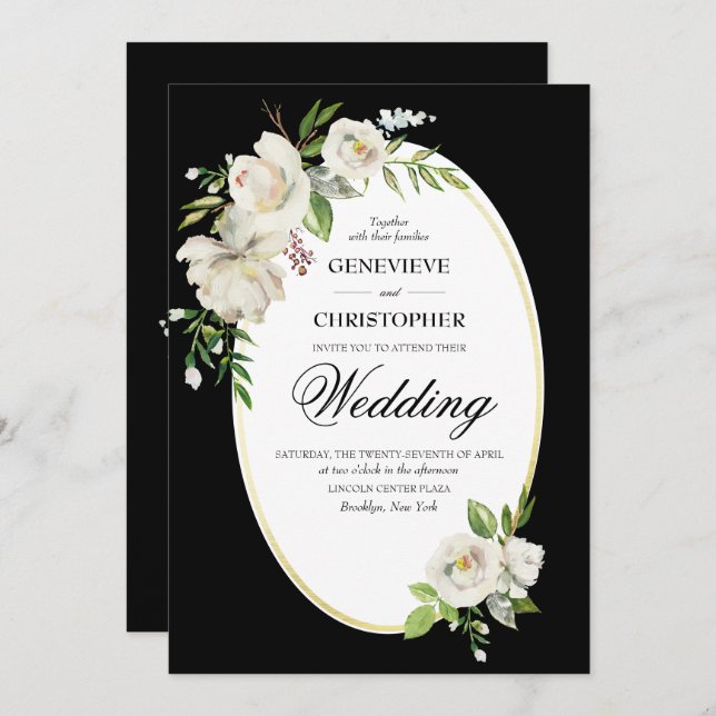 Elegant Boho Black Floral Gold Wedding Invitation (Front/Back)