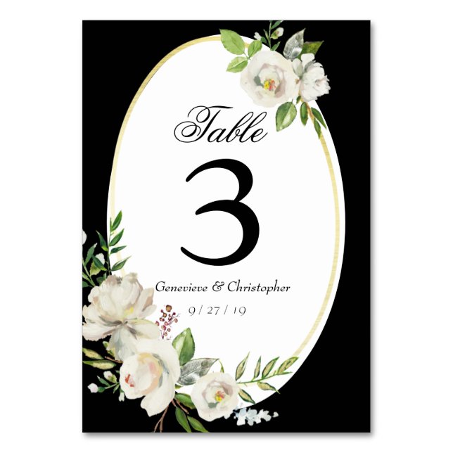 Elegant Boho Black Floral Wedding Reception Table Number (Front)