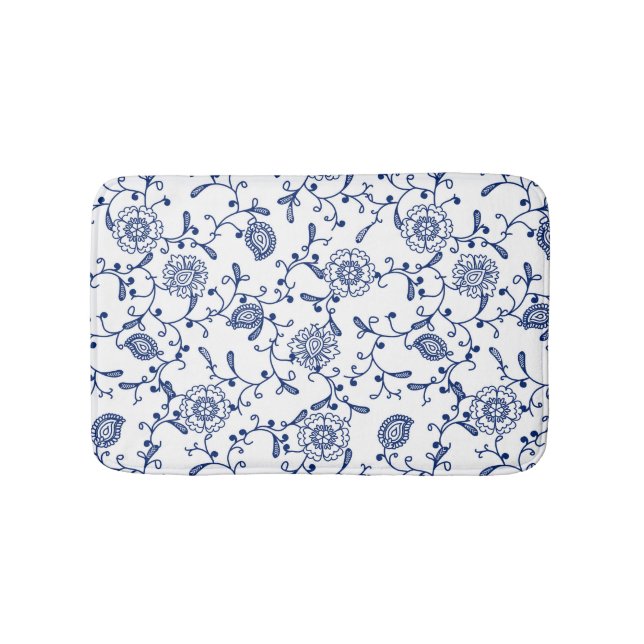 Elegant Boho Blue and White Flowers and Swirls Bath Mat (Front)
