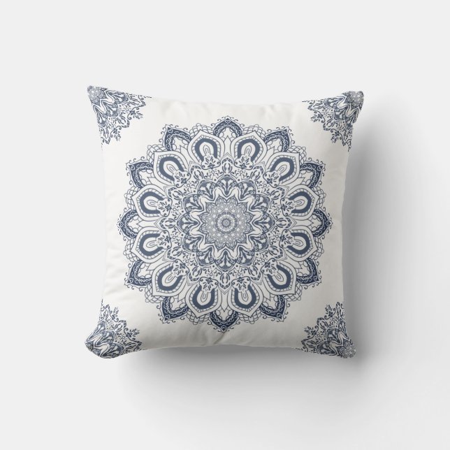 Elegant Boho Blue and White Mandala Cushion (Front)