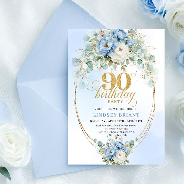 Elegant Boho Blue Floral 90th Birthday Invitation (Elegant Boho Blue Floral 90th Birthday Invitation)