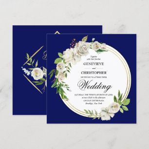 Elegant Boho Blue Floral Gold Wedding Square Invitation