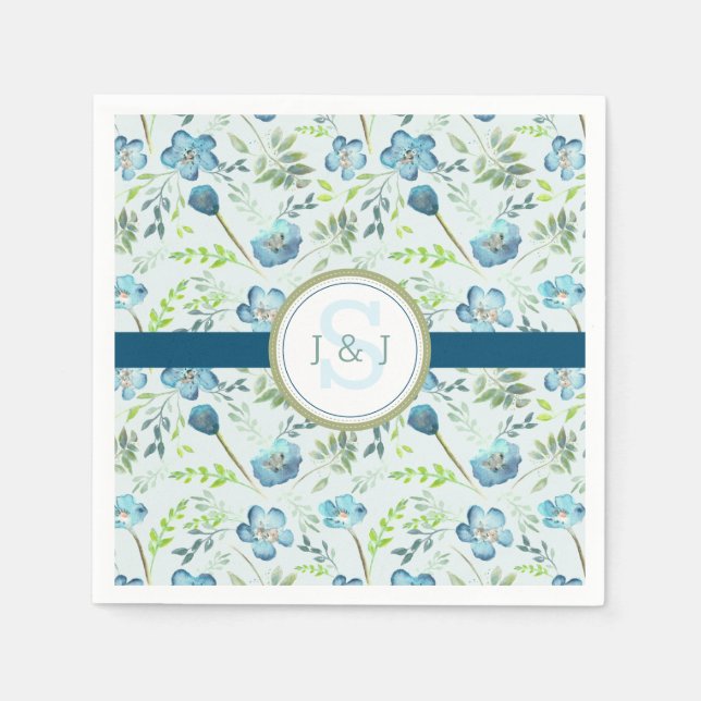 Elegant Boho Blue Green Watercolor Floral Event Napkin (Front)